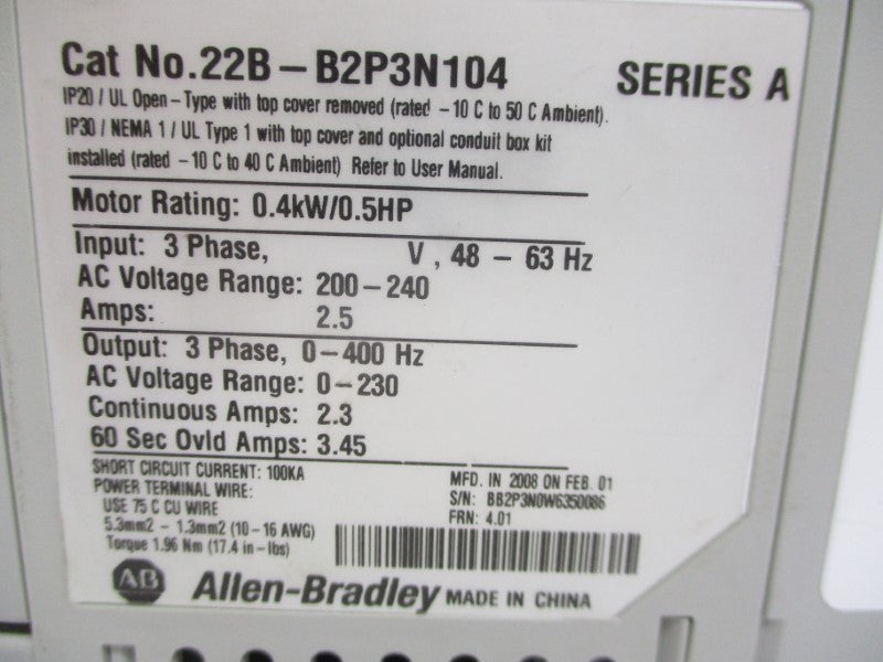 ALLEN BRADLEY 22B-B2P3N104 SER. A F/W 4.01 200-240V 2.5A NSNP