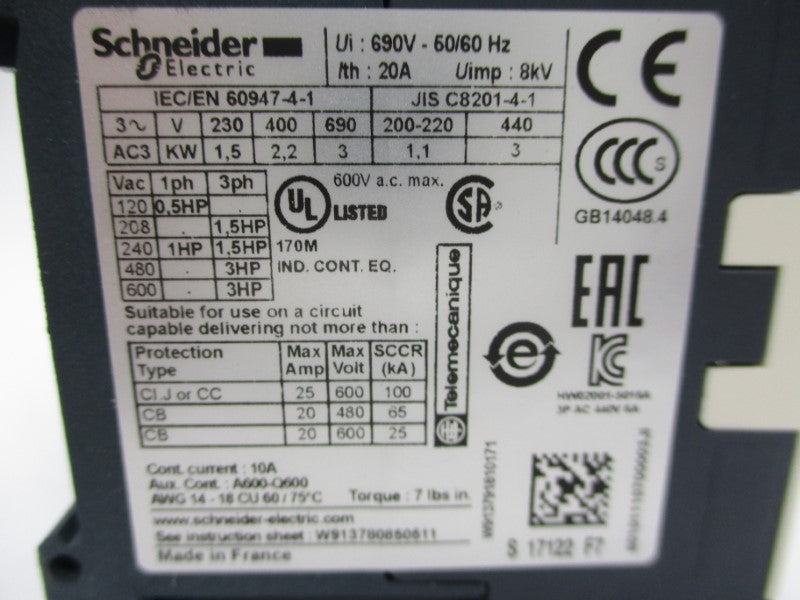 SCHNEIDER ELECTRIC LC2K0601F7 110V 20A NSMP