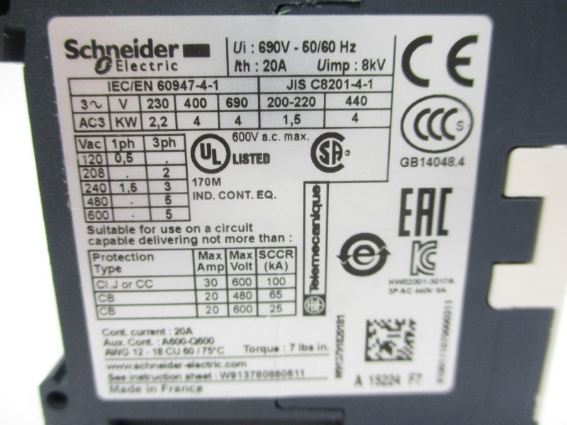 SCHNEIDER ELECTRIC LC2K0910F7 110V 20A NSMP