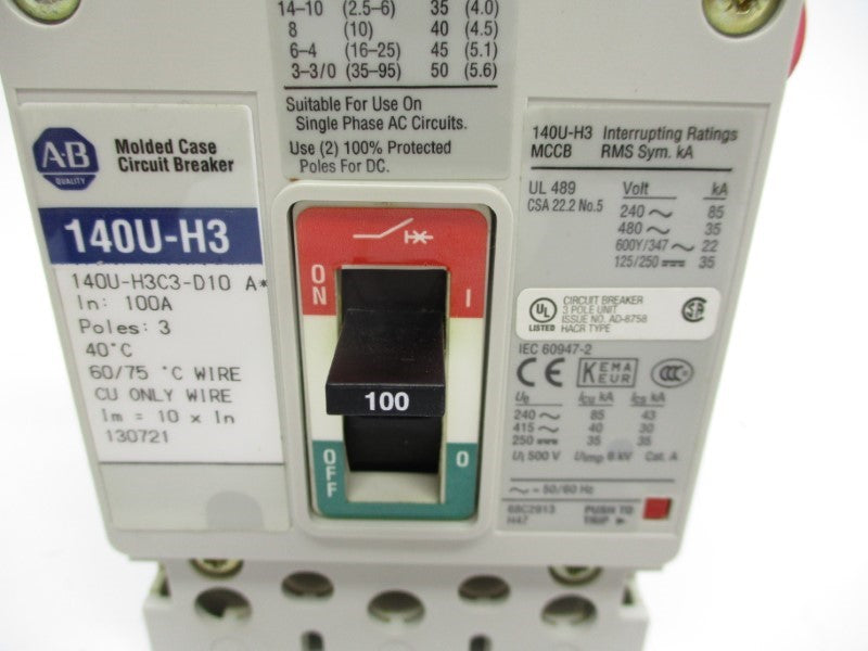 ALLEN BRADLEY 140U-H3C3-D10 SER. A 480V 100A NSNP