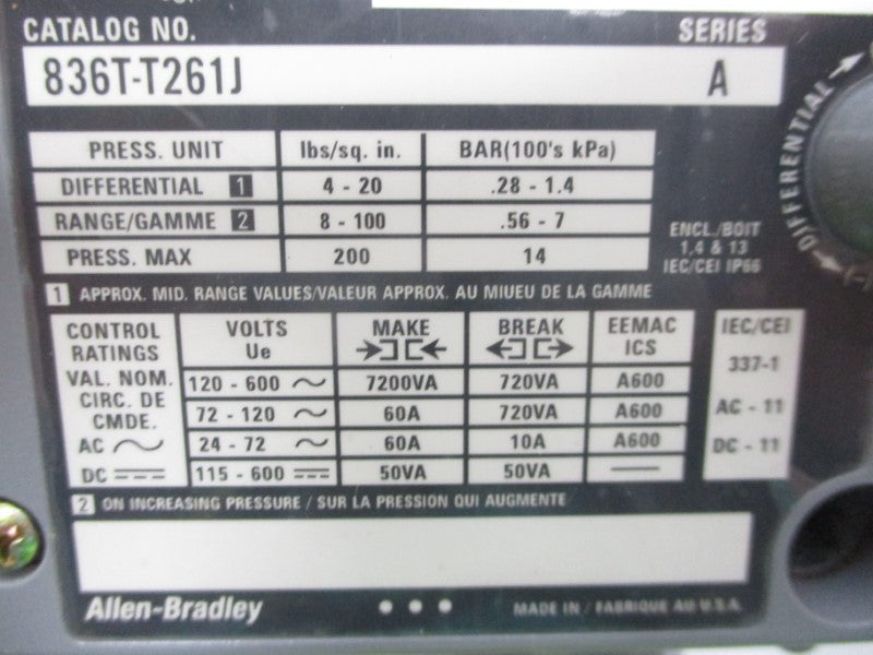ALLEN BRADLEY 836T-T261J SER. A 115-600VDC 8-100PSI (BR/WH) NSMP