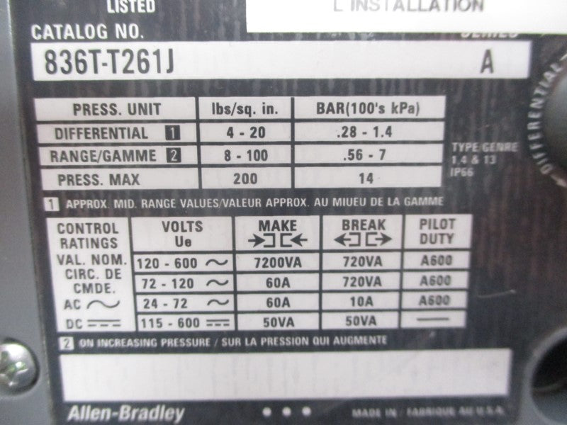 ALLEN BRADLEY 836T-T261J SER. A 115-600VDC 8-100PSI 1/2" (AP) (BR/WH) NSMP
