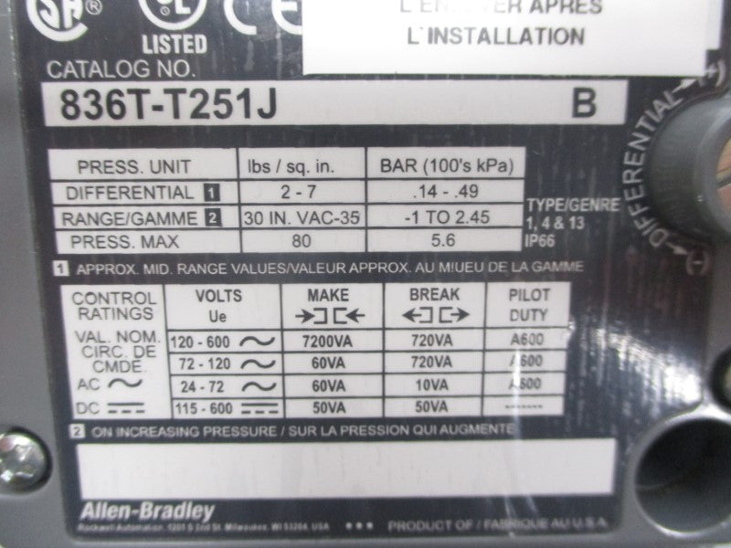 ALLEN BRADLEY 836T-T251J SER. B 115-600VDC 35PSI 1/2" (BR/WH) NSMP