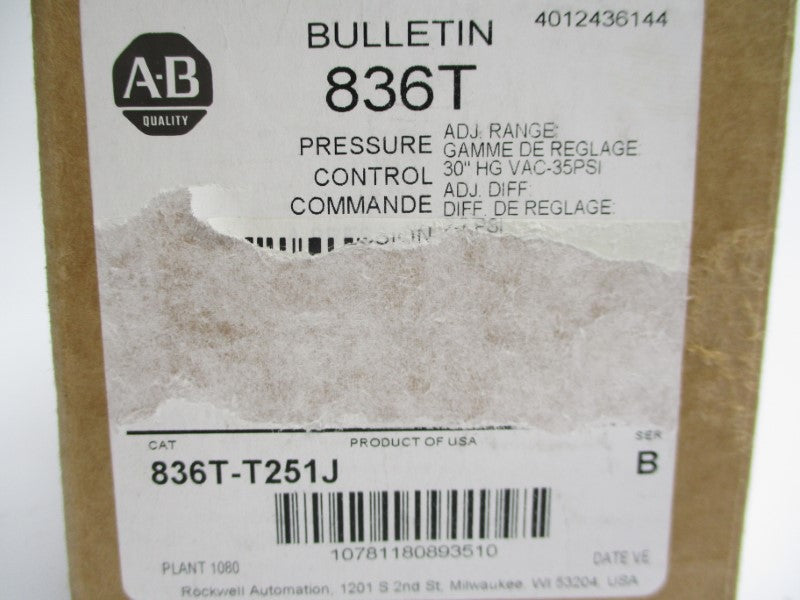 ALLEN BRADLEY 836T-T251J SER. B 115-600VDC 35PSI 1/2" (BR/WH) NSMP