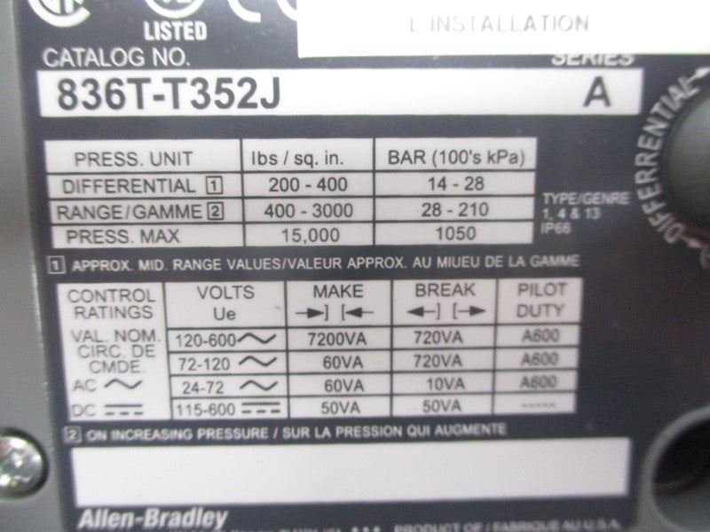 ALLEN BRADLEY 836T-T352J SER. A 115-600VDC 400-3000PSI 5/8" (AP) (BR/WH) NSMP