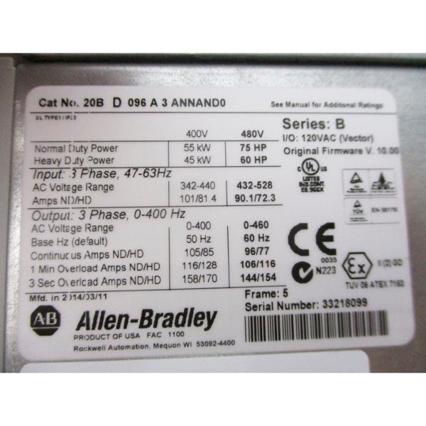 ALLEN BRADLEY 20BD096A3ANNAND0 SER. B F/W10.001 432-528V 101/81.4A NSMP
