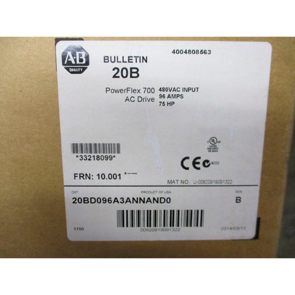 ALLEN BRADLEY 20BD096A3ANNAND0 SER. B F/W10.001 432-528V 101/81.4A NSMP