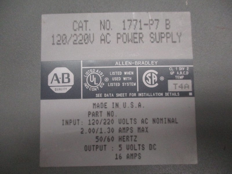 ALLEN BRADLEY 1771-P7 SER. B 120/220VAC 2/1.3A (AS PICTURED) NSNP