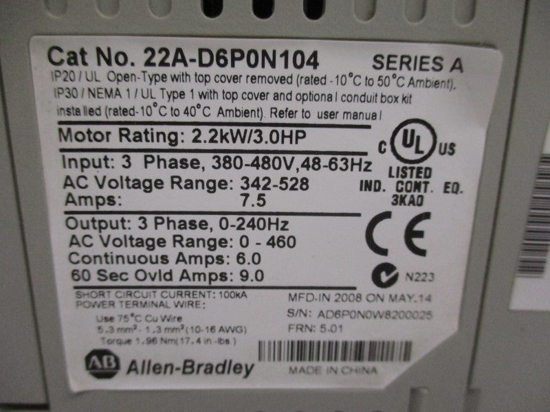 ALLEN BRADLEY 22A-D6P0N104 SER. A F/W 5.01 342-528VAC 7.5A (AS PICTURED) NSNP