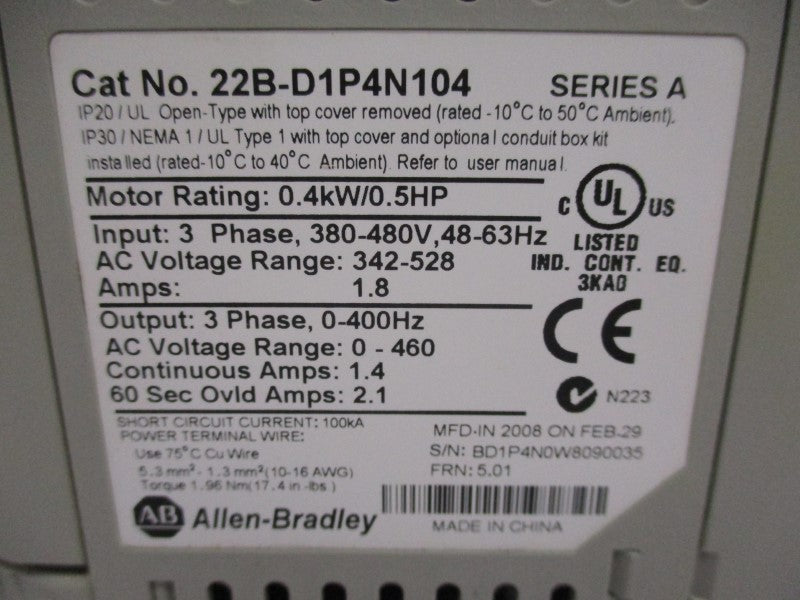 ALLEN BRADLEY 22B-D1P4N104 SER. A F/W 5.01 342-528VAC 1.8A NSNP