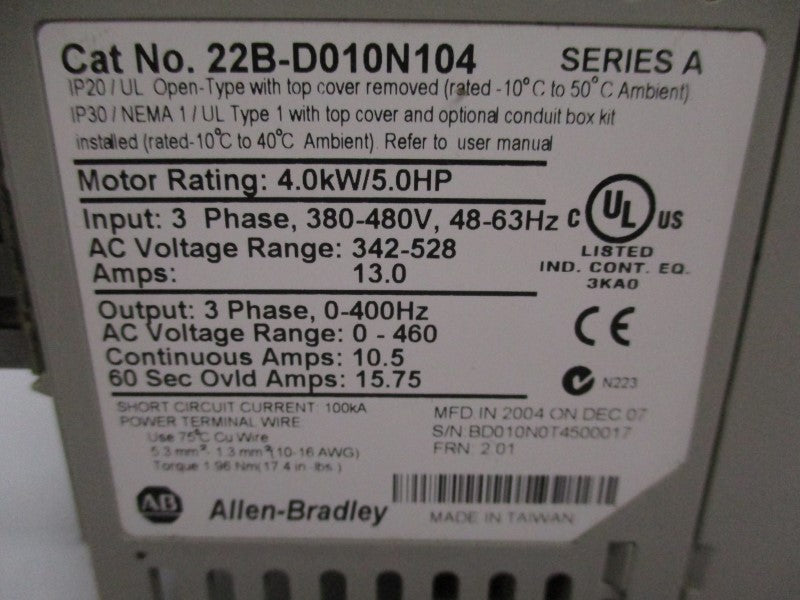 ALLEN BRADLEY 22B-D010N104 SER. A F/W 2.01 342-528VAC 13A (NO COVER) NSNP
