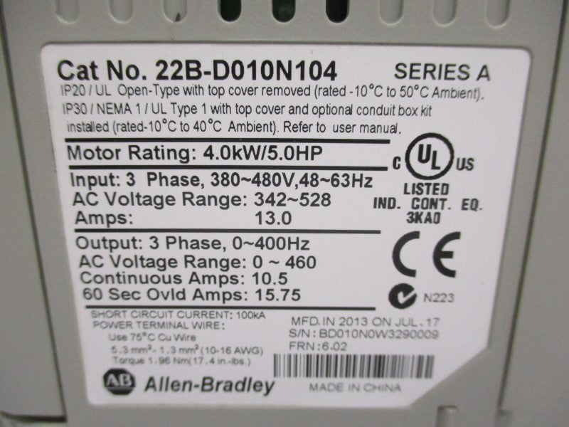 ALLEN BRADLEY 22B-D010N104 SER. A F/W 2.01 342-528VAC 13A NSNP
