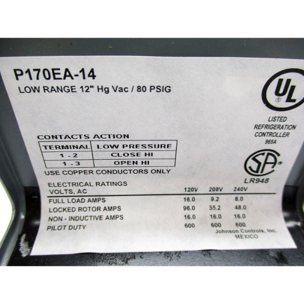 JOHNSON CONTROLS P170EA-14 240VAC 16A NSNP