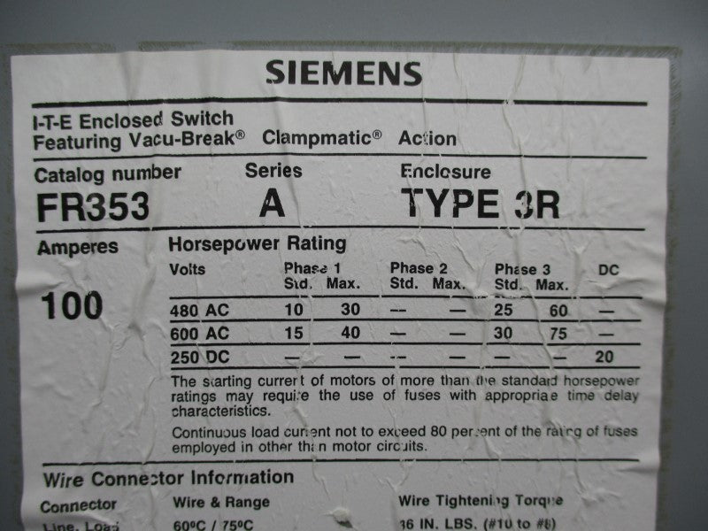 SIEMENS FR353 SER. A 600VAC 100A UNMP