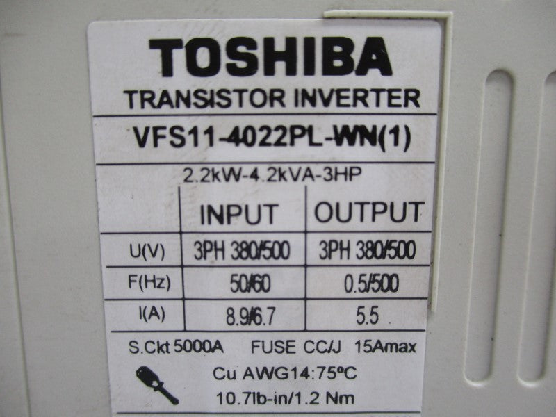 TOSHIBA VFS11-4022PL-WN(1) 380/500V 8.9/6.7A UNMP
