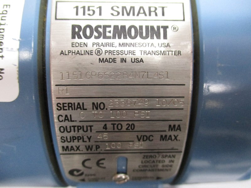 ROSEMOUNT 1151GP6S22B4M7L4S1R1 45VDC 0-100PSI (AS PICTURED) UNMP