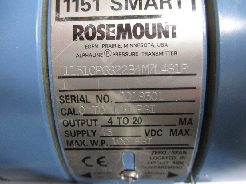 ROSEMOUNT 1151GP6S22B4M7L4S1R1 45VDC 0-100PSI UNMP