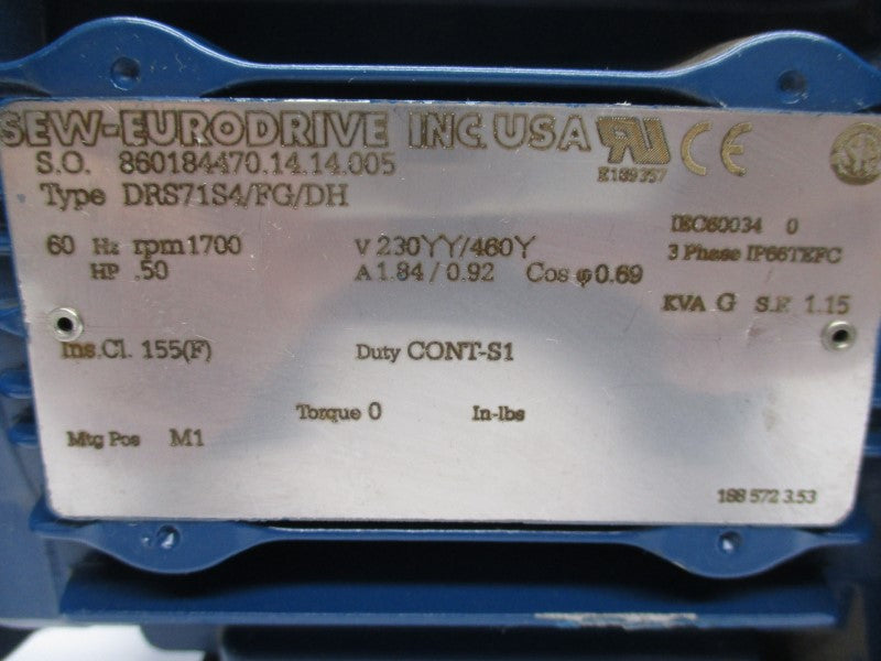 SEW EURODRIVE DRS71S4/FG/DH 230/460V 1.84/0.92A UNMP