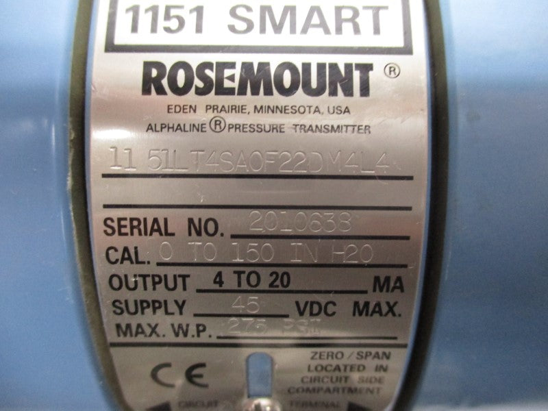 ROSEMOUNT 1151LT4SA0F22DM4L4 45VDC 0-150PSI (AS PICTURED) UNMP