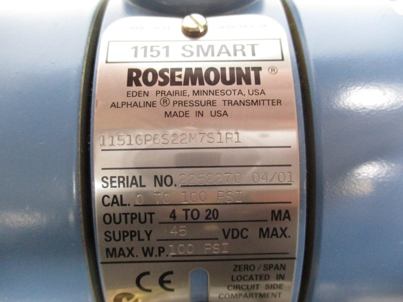 ROSEMOUNT 1151GP6S22M7S1R1 45VDC 0-100PSI NSNP