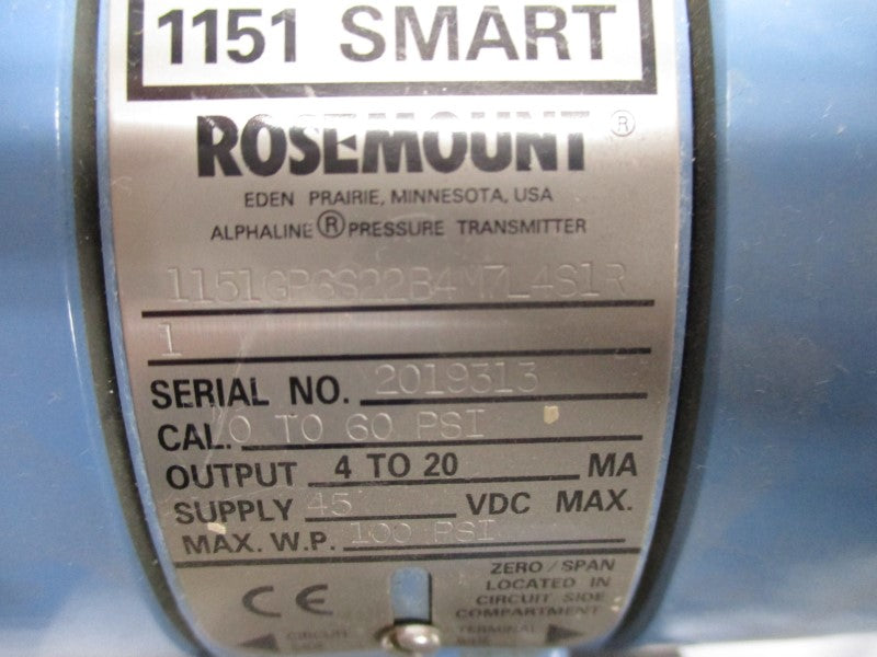 ROSEMOUNT 1151GP6S22B4M7L4S1R1 45VDC 0-60PSI UNMP