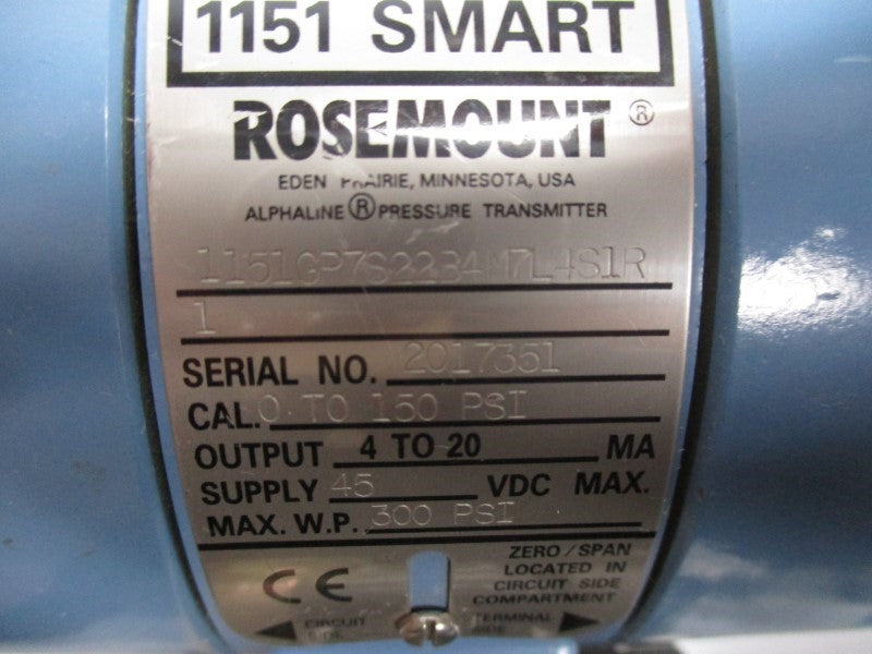 ROSEMOUNT 1151GP7S22B4M7L4S1R1 45VDC 0-150PSI UNMP