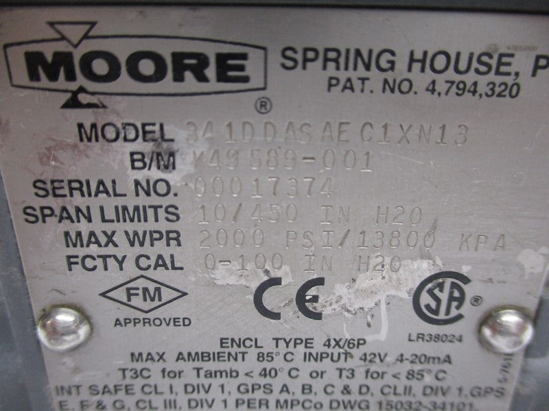 MOORE 341DDASAEC1XN13 42V 0-100PSI 3/4" UNMP