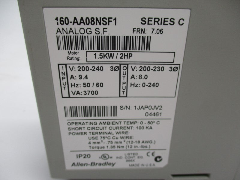 ALLEN BRADLEY 160-AA08NSF1 SER. C F/W 7.06 200-240V 9.4A (BR/WH) NSMP