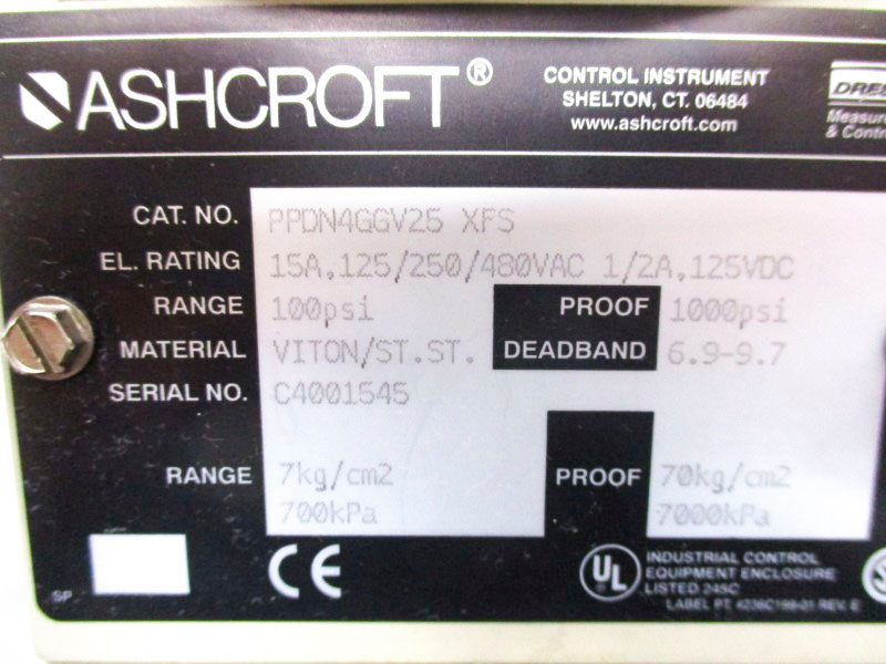 ASHCROFT PPDN4GGV25XFS 480VAC 15A 100PSI NSNP
