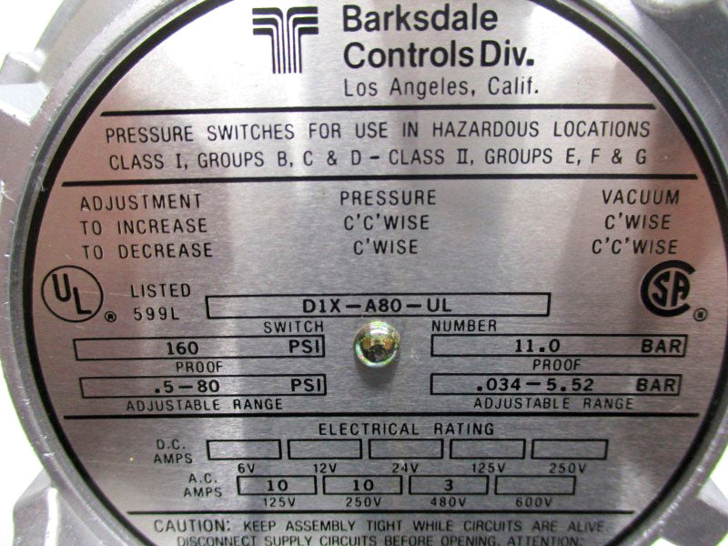 BARKSDALE D1X-A80-UL 480VAC 10A 160PSI 0.5-80PSI NSMP