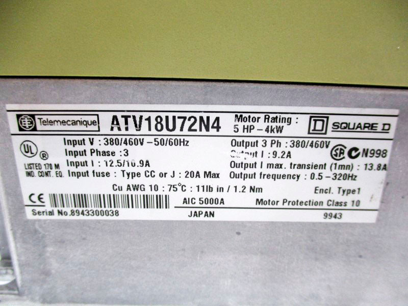 TELEMECANIQUE ATV18U72N4 380/460V 12.5/10.9A UNMP