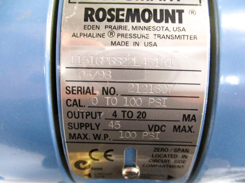 ROSEMOUNT 1151GP6S22L4S1R1 45VDC 0-100PSI NSNP