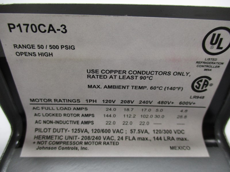 JOHNSON CONTROLS P170CA-3 120/600VAC 24A 50-500PSI NSMP