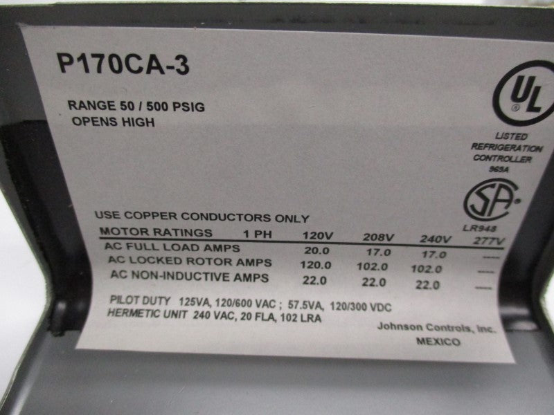 JOHNSON CONTROLS P170CA-3 120/600VAC 24A 50-500PSI UNMP