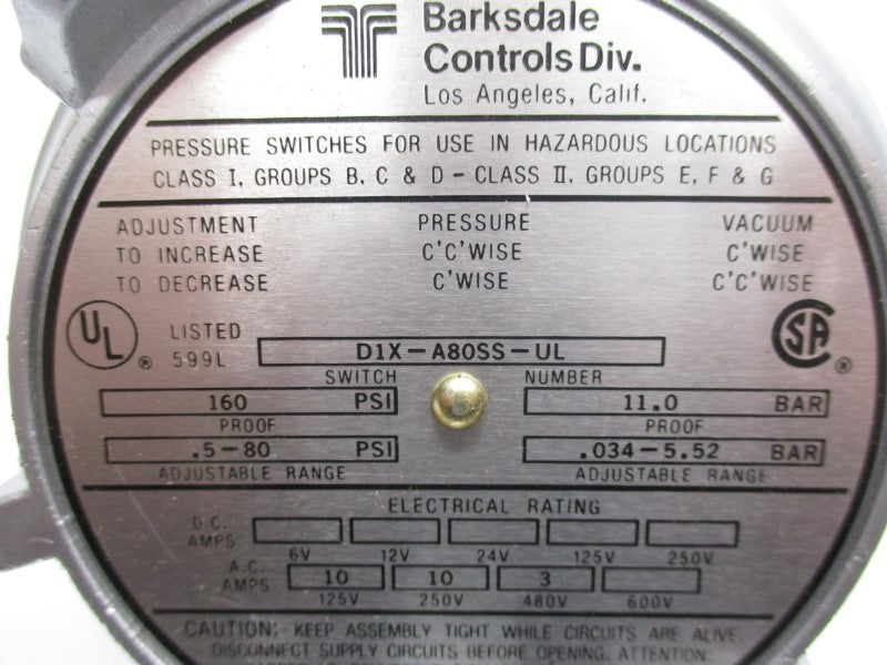 BARKSDALE CONTROLS D1X-A80SS-UL 480VAC 10A 0.5-80PSI NSMP