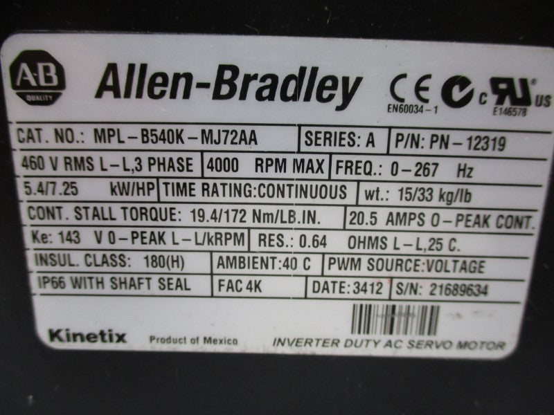 ALLEN BRADLEY MPL-B540K-MJ72AA SER. A 460V 20.5A NSMP