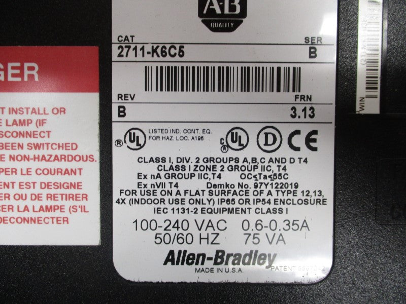 ALLEN BRADLEY 2711-K6C5 SER. B F/W 3.13 100-240VAC 0.6-0.35A NSMP
