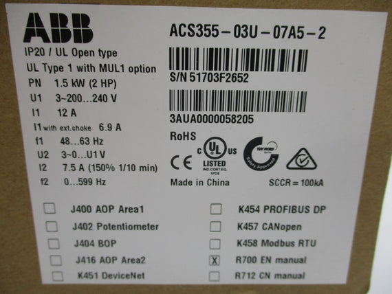ABB ACS355-03U-07A5-2 200-240V 12A NSFS