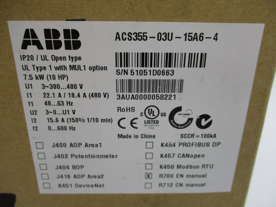 ABB ACS355-03U-15A6-4 380-480V 22.1/18.4A NSFS