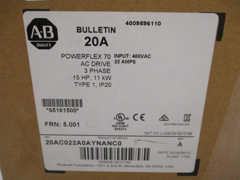 ALLEN BRADLEY 20AC022A0AYNANC0 SER. A F/W 5.001 400VAC 22A (DATE:2018) NSFS