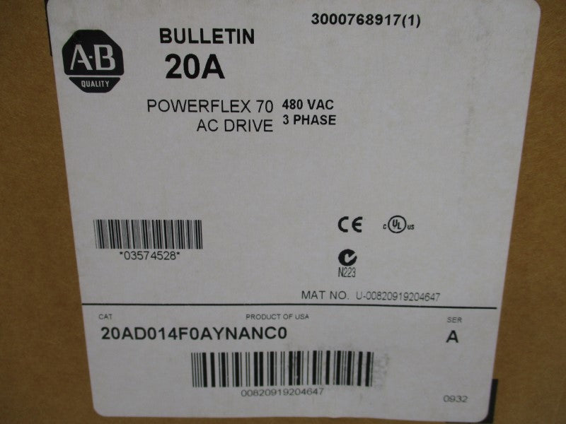 ALLEN BRADLEY 20AD014F0AYNANC0 SER. A 480VAC NSFS