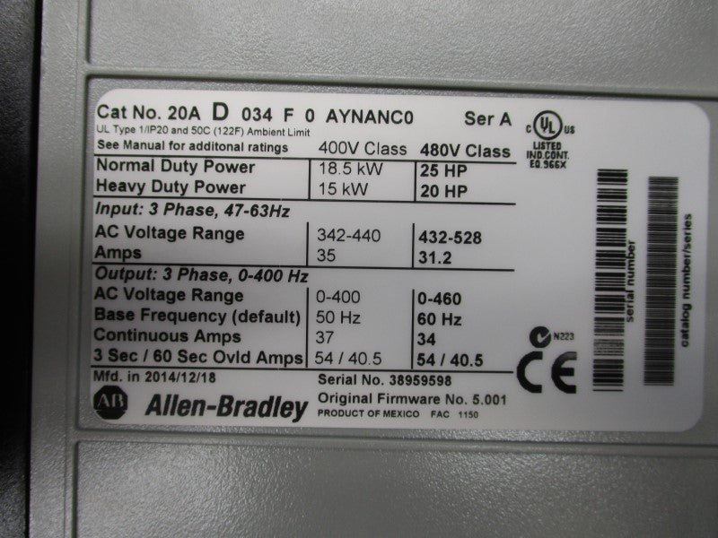ALLEN BRADLEY 20AD034F0AYNANC0 SER. A F/W 5.001 432-528VAC 35A NSMP