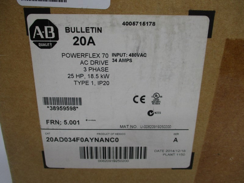 ALLEN BRADLEY 20AD034F0AYNANC0 SER. A F/W 5.001 432-528VAC 35A NSMP