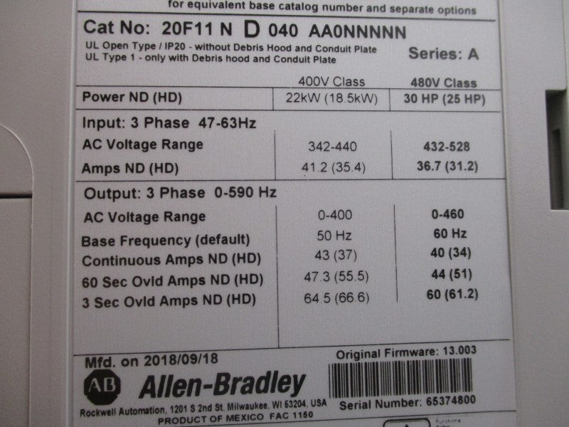 ALLEN BRADLEY 20F11ND040AA0NNNNN SER. A F/W 13.003 432-528VAC 41.2A NSMP