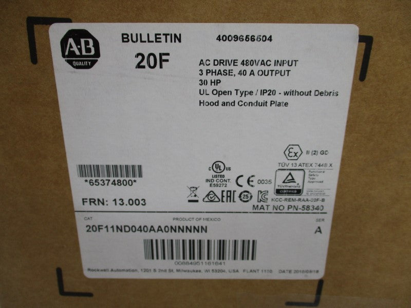 ALLEN BRADLEY 20F11ND040AA0NNNNN SER. A F/W 13.003 432-528VAC 41.2A NSMP