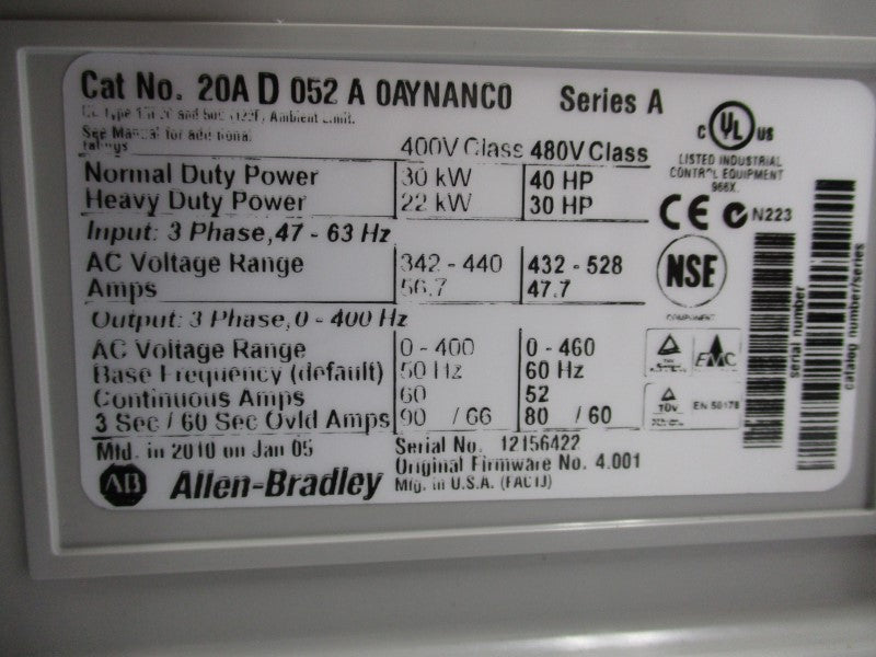 ALLEN BRADLEY 20AD052A0AYNANC0 SER. A F/W 4.001 432-528VAC 56.7A NSMP