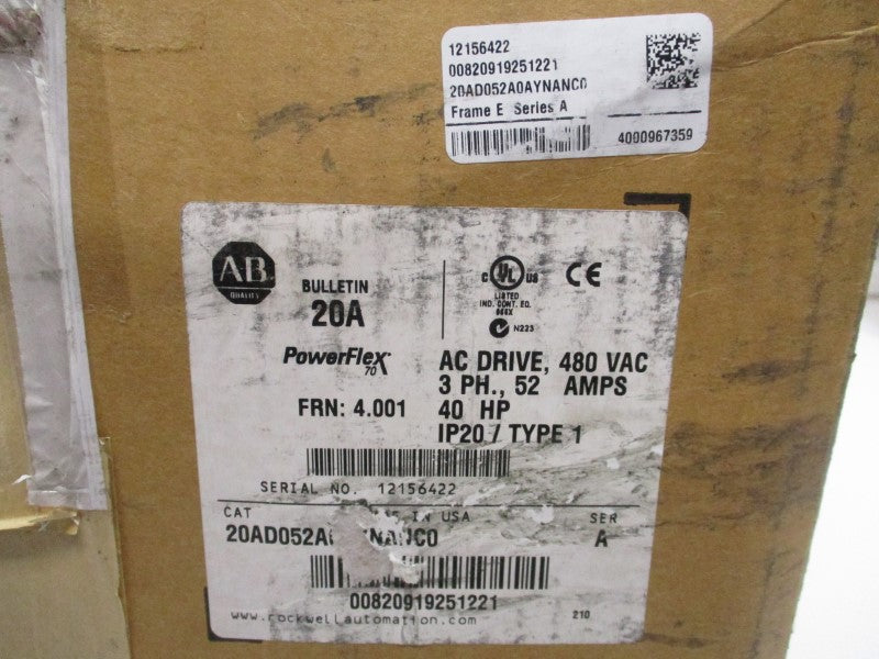 ALLEN BRADLEY 20AD052A0AYNANC0 SER. A F/W 4.001 432-528VAC 56.7A NSMP