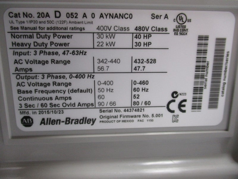 ALLEN BRADLEY 20AD052A0AYNANC0 SER. A F/W 5.001 432-528VAC 56.7A NSMP