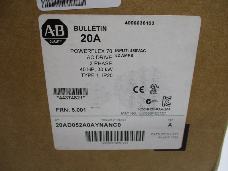 ALLEN BRADLEY 20AD052A0AYNANC0 SER. A F/W 5.001 432-528VAC 56.7A NSMP