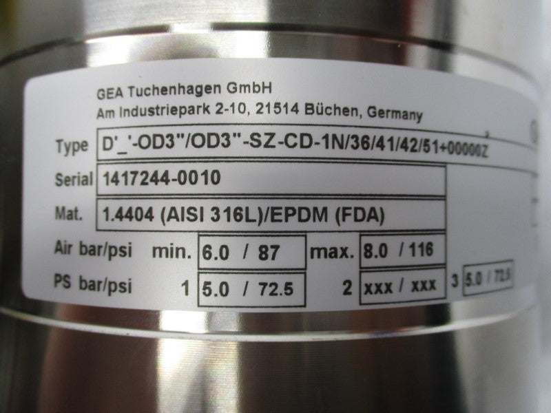 GEA TUCHENHAGEN D'_'-OD3"/OD3"-SZ-CD-1N/36/41/42/51+00000Z 72.5PSI NSNP